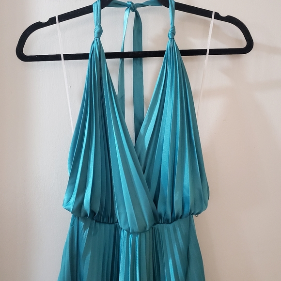 Aqua blue green satin pleated party dress, XS, halter, backless, Lillie Rubin - Picture 2 of 10